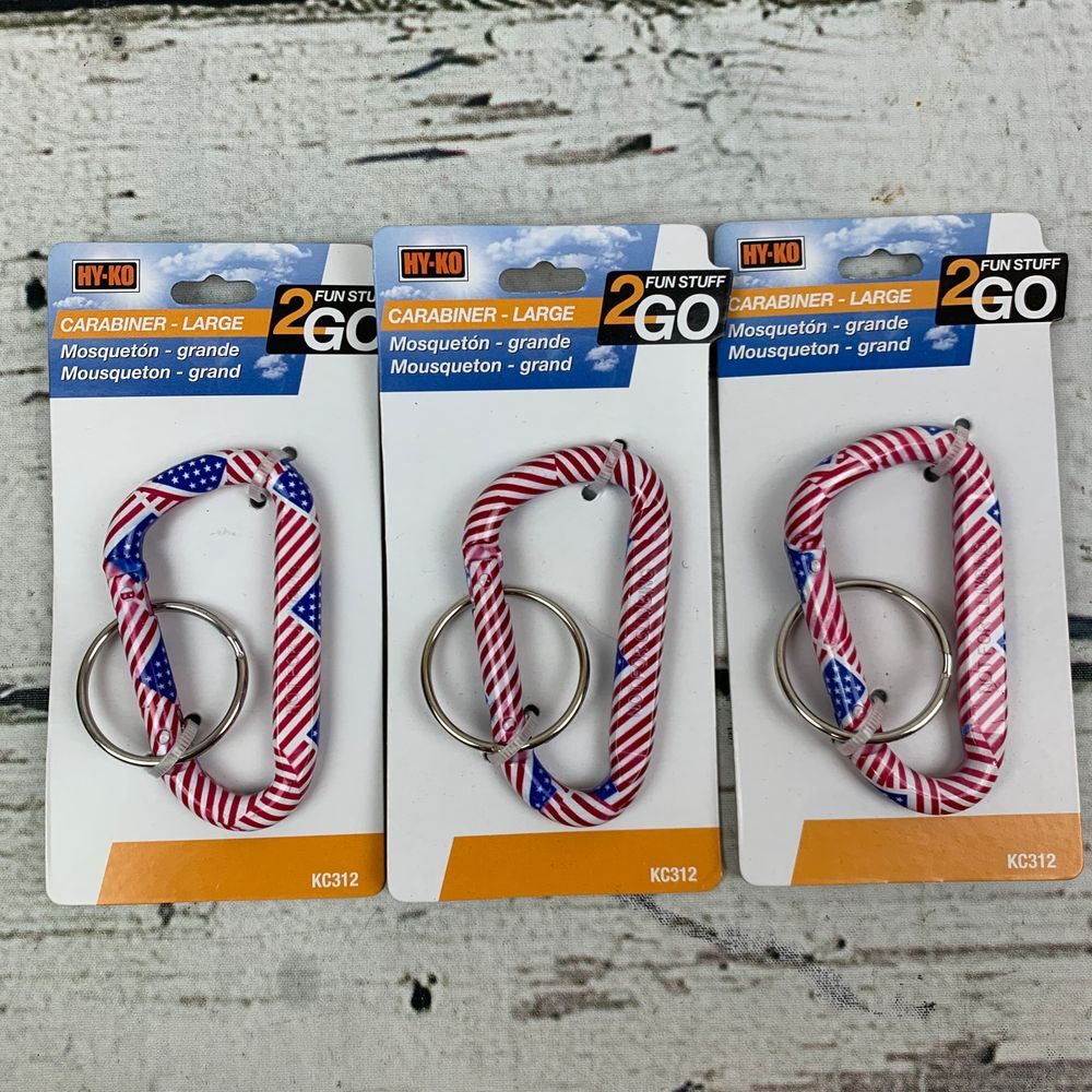 HY-KO 3-Pack American Flag Large Carabiner Keychain‎ Clip Aluminum KC312 NEW